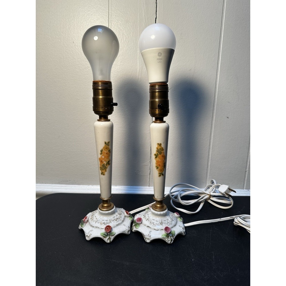 Vintage Porcelain Boudoir Table Lamps Floral Rose Gold Accent Pair Working